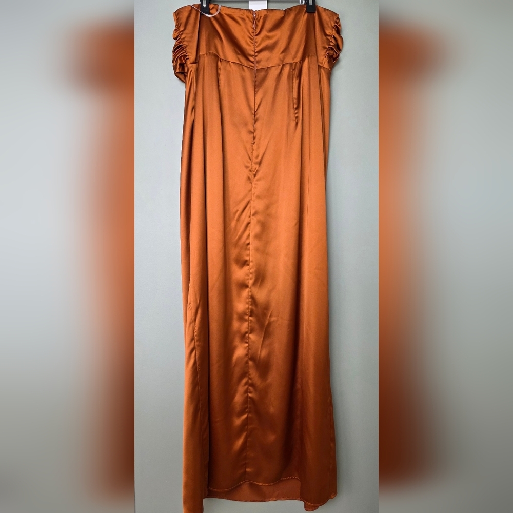 Lulus 2X Memorable Entrance Rust Orange Strapless Satin Maxi Dress, Size 2X - Picture 8 of 11